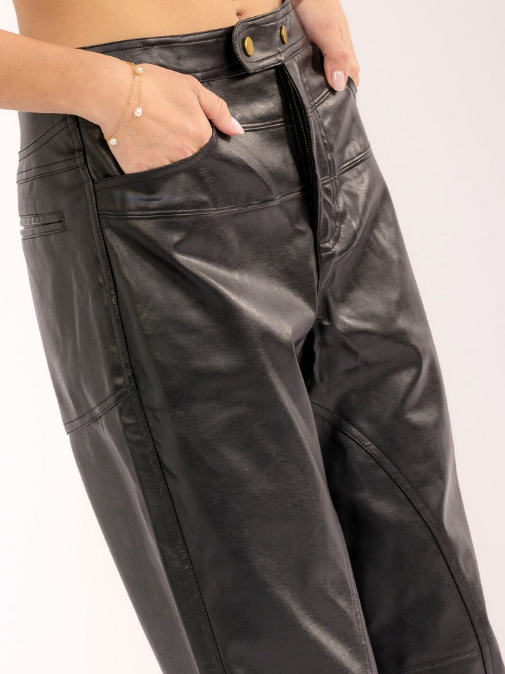 WOMEN'S BUTTON CLOSURE FRONT POCKETS PU PLEATHER STRAIGHT LEG PANTS