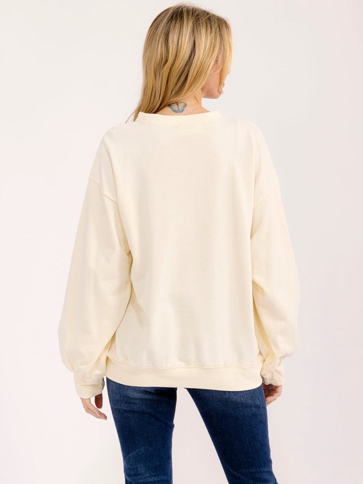 WOMEN'S LONG SLEEVE FRONT POCKETS GRAPHIC PULLOVER SWEATER