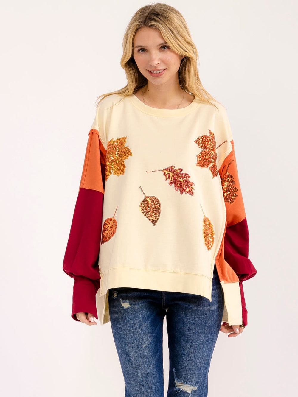WOMEN'S LONG SLEEVE LEAF PRINT SEQUINS HIGH-LOW PULLOVER SWEATER