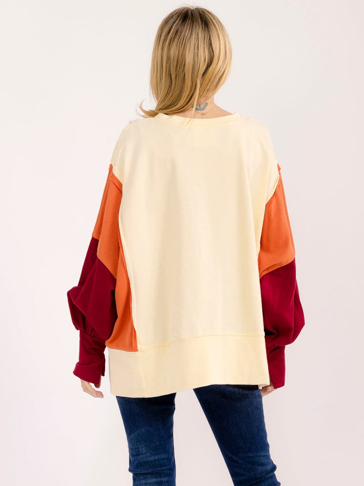 WOMEN'S LONG SLEEVE LEAF PRINT SEQUINS HIGH-LOW PULLOVER SWEATER