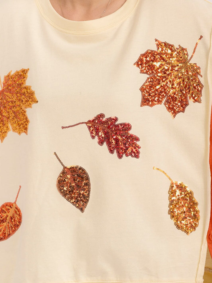 WOMEN'S LONG SLEEVE LEAF PRINT SEQUINS HIGH-LOW PULLOVER SWEATER