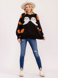 WOMEN'S LONG SLEEVE HEARTS & GHOST GRAPHIC PULLOVER SWEATER
