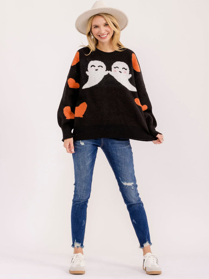 WOMEN'S LONG SLEEVE HEARTS & GHOST GRAPHIC PULLOVER SWEATER
