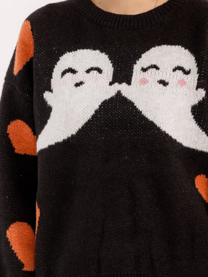 WOMEN'S LONG SLEEVE HEARTS & GHOST GRAPHIC PULLOVER SWEATER