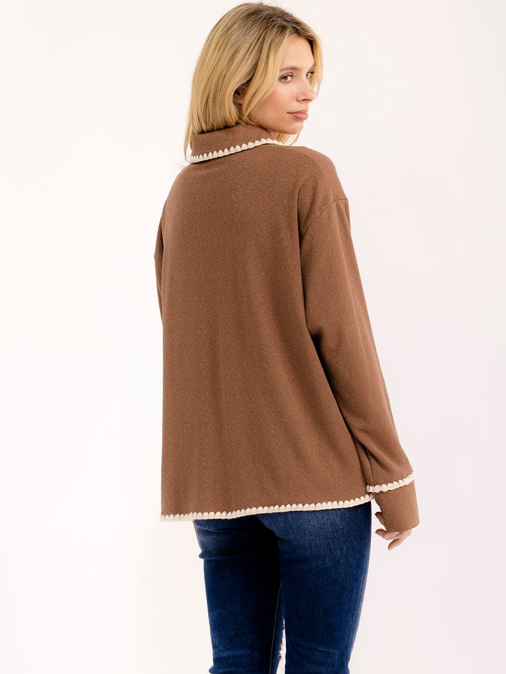 WOMEN'S LONG SLEEVE BUTTON CLOSURE TRIM DETAILED SWEATER