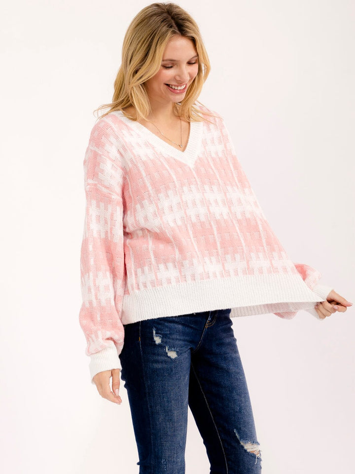 WOMEN'S LONG SLEEVE V-NECK COLORBLOCK PULLOVER SWEATER