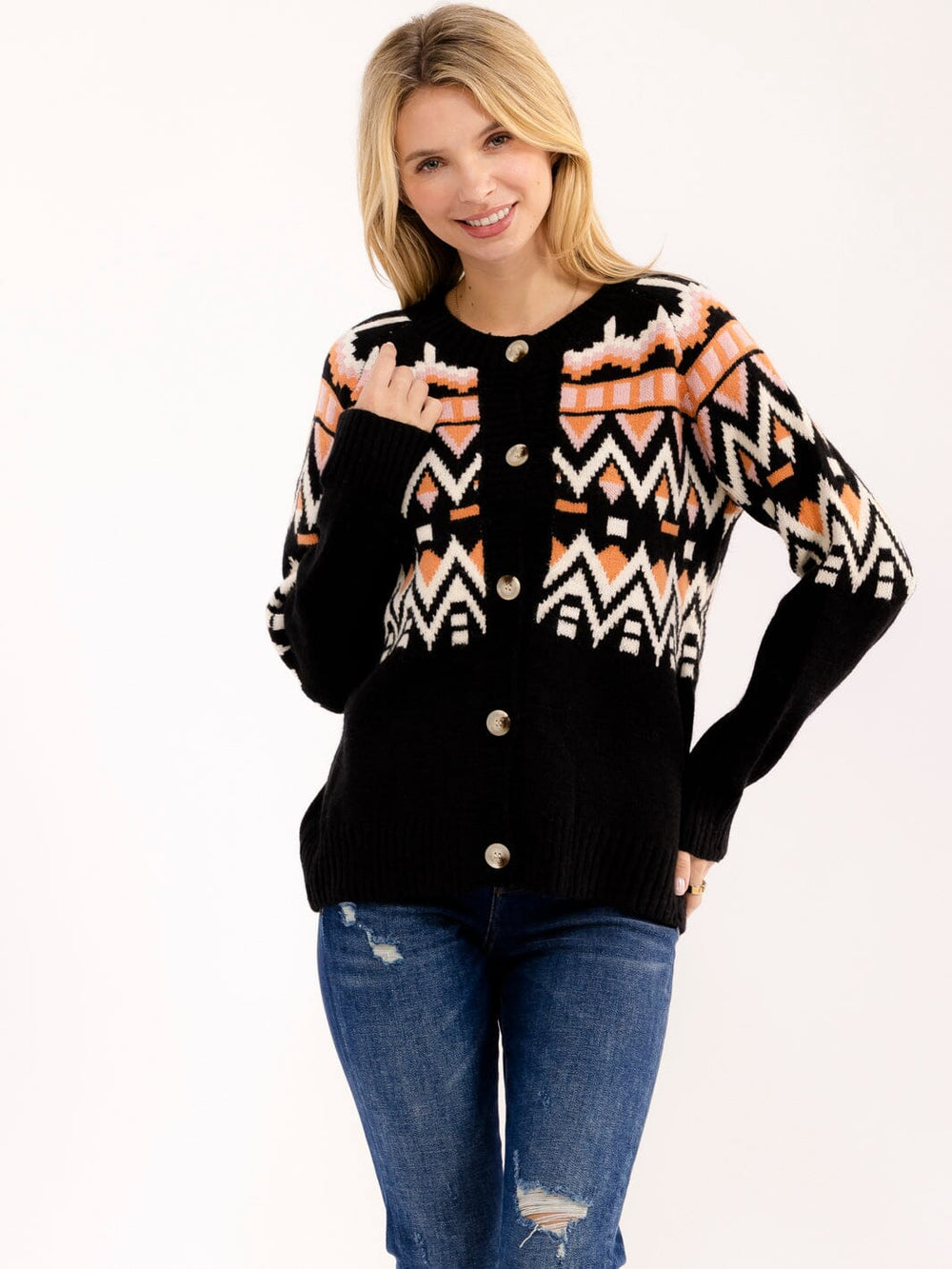 WOMEN'S LONG SLEEVE BUTTON UP MULTI PRINT SWEATER