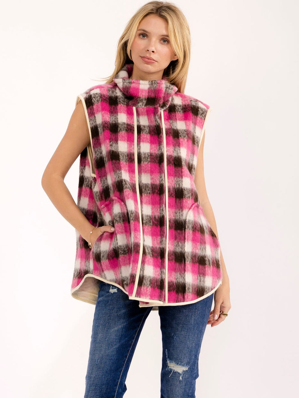 WOMEN'S SLEEVELESS BUTTON CLOSURE FRONT POCKETS COLORBLOCK VEST