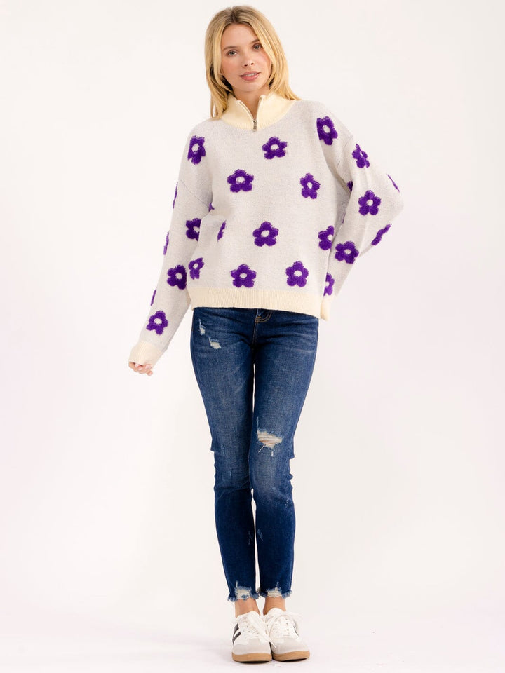WOMEN'S LONG SLEEVE ZIP UP COLORBLOCK FLOWERS PULLOVER SWEATER