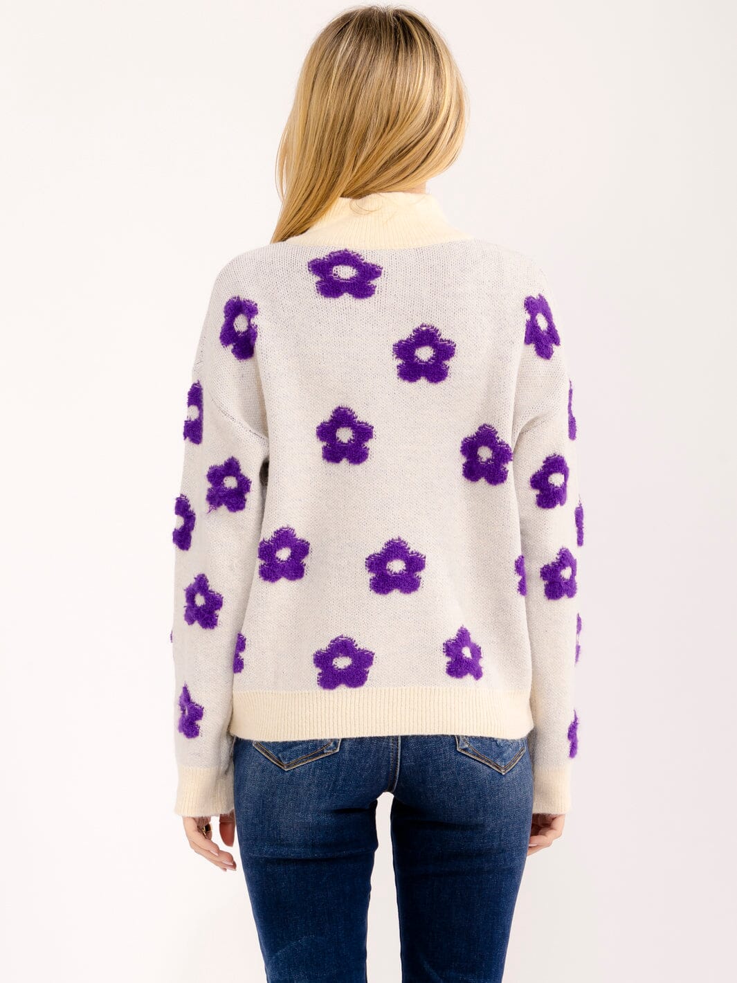 WOMEN'S LONG SLEEVE ZIP UP COLORBLOCK FLOWERS PULLOVER SWEATER