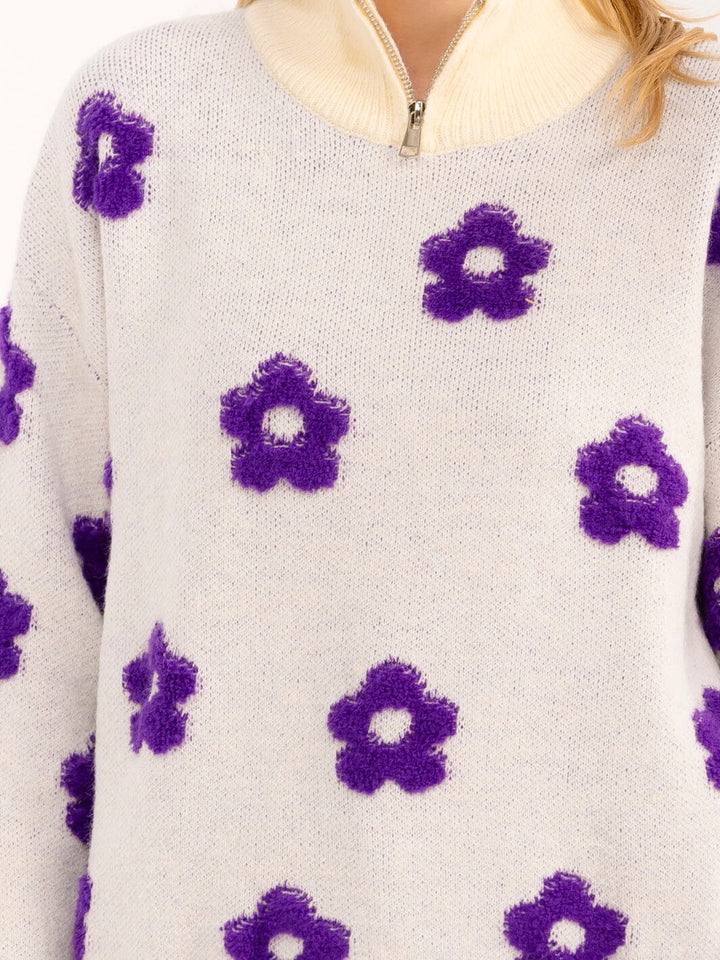 WOMEN'S LONG SLEEVE ZIP UP COLORBLOCK FLOWERS PULLOVER SWEATER