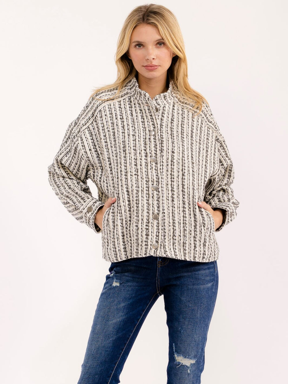 WOMEN'S LONG SLEEVE BUTTON CLOSURE FRONT POCKETS COLORBLOCK TWEED JACKET