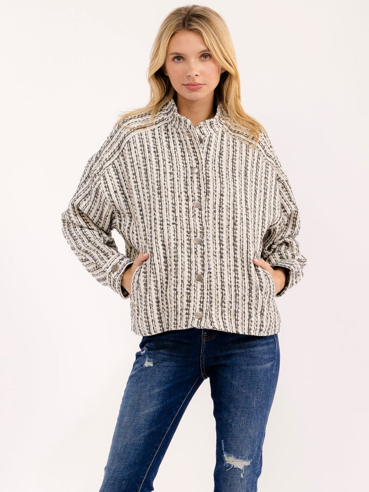 WOMEN'S LONG SLEEVE BUTTON CLOSURE FRONT POCKETS COLORBLOCK TWEED JACKET