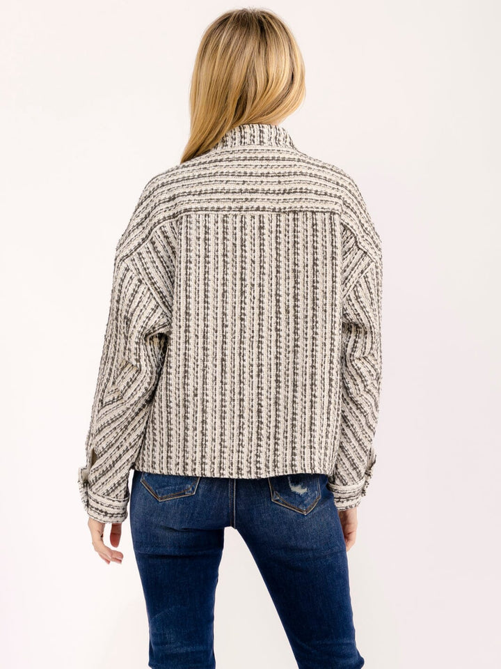 WOMEN'S LONG SLEEVE BUTTON CLOSURE FRONT POCKETS COLORBLOCK TWEED JACKET