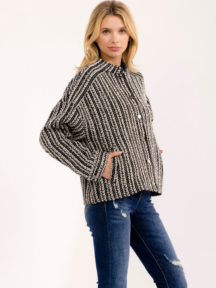 WOMEN'S LONG SLEEVE BUTTON CLOSURE FRONT POCKETS COLORBLOCK TWEED JACKET
