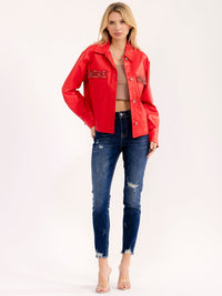 WOMEN'S LONG SLEEVE BUTTON CLOSURE FRONT POCKETS STUDS PU PLEATHER JACKET