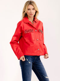 WOMEN'S LONG SLEEVE BUTTON CLOSURE FRONT POCKETS STUDS PU PLEATHER JACKET