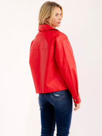 WOMEN'S LONG SLEEVE BUTTON CLOSURE FRONT POCKETS STUDS PU PLEATHER JACKET