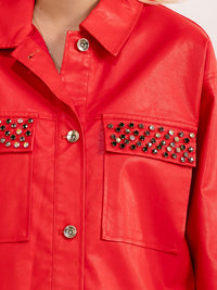 WOMEN'S LONG SLEEVE BUTTON CLOSURE FRONT POCKETS STUDS PU PLEATHER JACKET