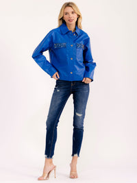 WOMEN'S LONG SLEEVE BUTTON CLOSURE FRONT POCKETS STUDS PU PLEATHER JACKET