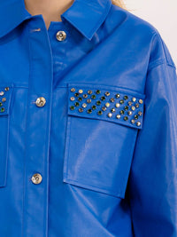 WOMEN'S LONG SLEEVE BUTTON CLOSURE FRONT POCKETS STUDS PU PLEATHER JACKET