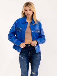 WOMEN'S LONG SLEEVE BUTTON CLOSURE FRONT POCKETS STUDS PU PLEATHER JACKET