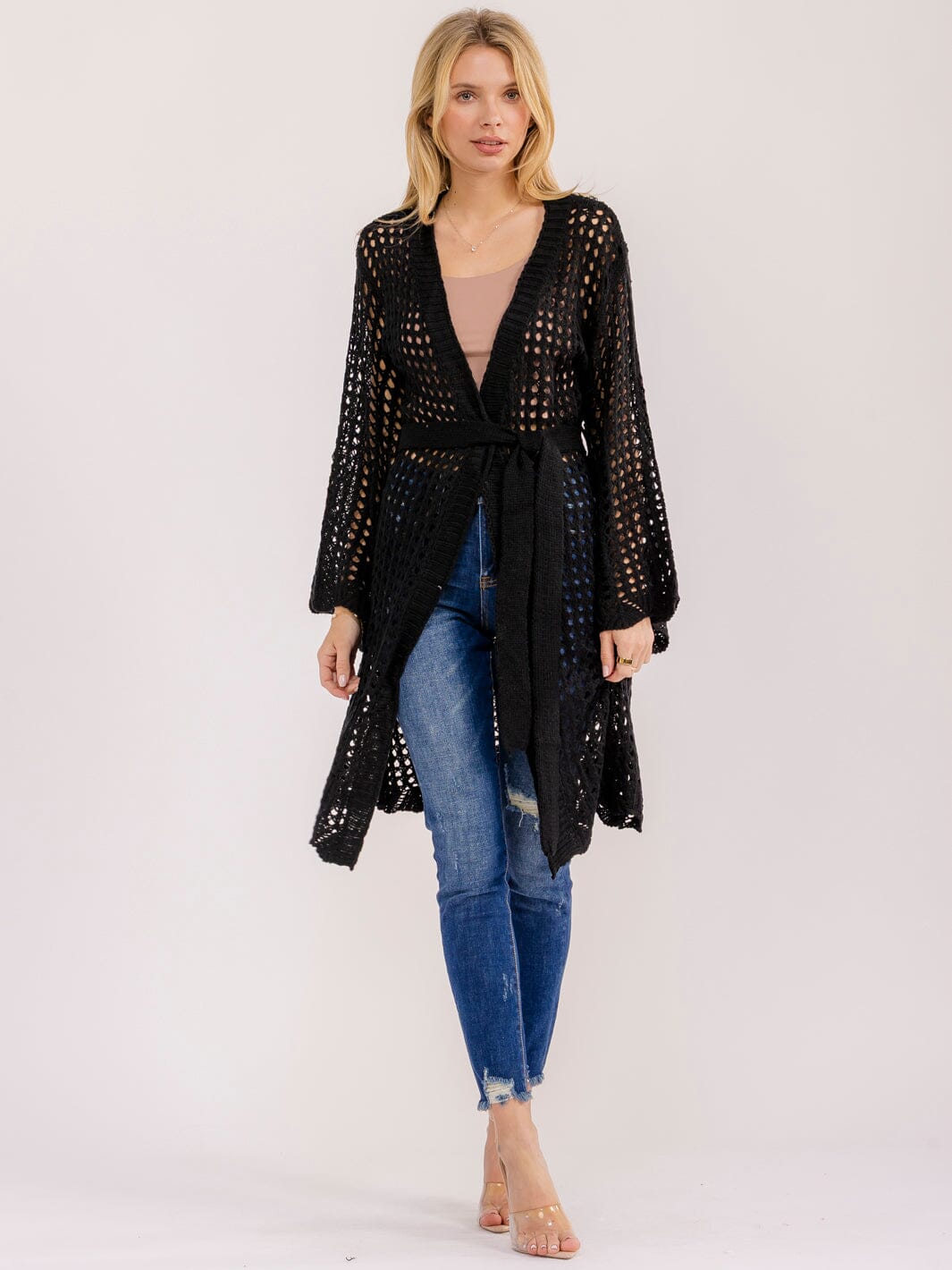 WOMEN'S LONG SLEEVE OPEN FRONT SELF TIE CROCHET CARDIGAN