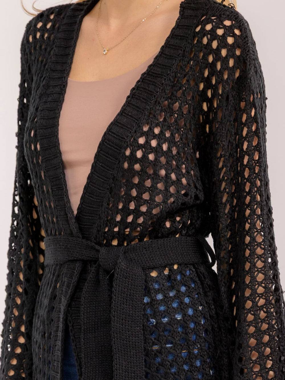 WOMEN'S LONG SLEEVE OPEN FRONT SELF TIE CROCHET CARDIGAN