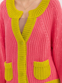 WOMEN'S LONG SLEEVE V-NECK BUTTON CLOSURE FRONT POCKETS COLORBLOCK SWEATER