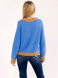 WOMEN'S LONG SLEEVE V-NECK BUTTON CLOSURE FRONT POCKETS COLORBLOCK SWEATER