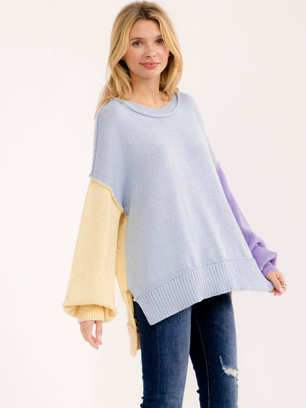 WOMEN'S LONG SLEEVE COLORBLOCK HIGH-LOW PULLOVER OVERSIZED SEQUINS SWEATER