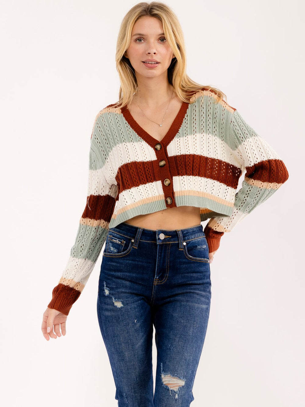 WOMEN'S LONG SLEEVE BUTTON UP COLORBLOCK STRIPES CROP SWEATER