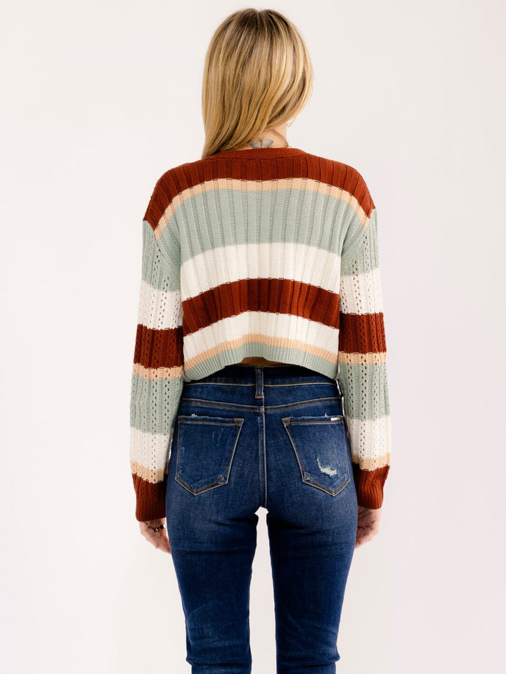 WOMEN'S LONG SLEEVE BUTTON UP COLORBLOCK STRIPES CROP SWEATER