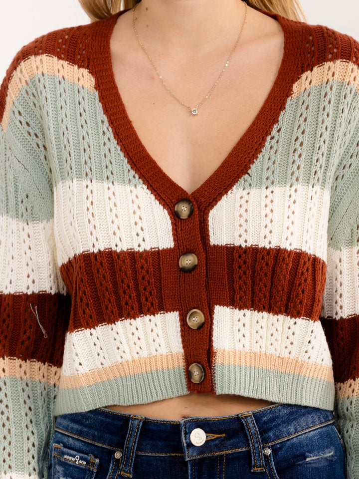 WOMEN'S LONG SLEEVE BUTTON UP COLORBLOCK STRIPES CROP SWEATER