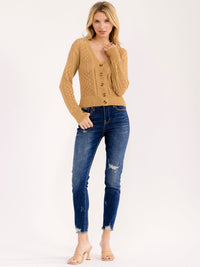 WOMEN'S LONG SLEEVE BUTTON UP V-NECK CROCHET SWEATER
