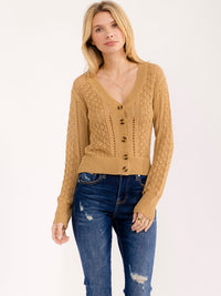 WOMEN'S LONG SLEEVE BUTTON UP V-NECK CROCHET SWEATER