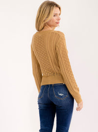 WOMEN'S LONG SLEEVE BUTTON UP V-NECK CROCHET SWEATER