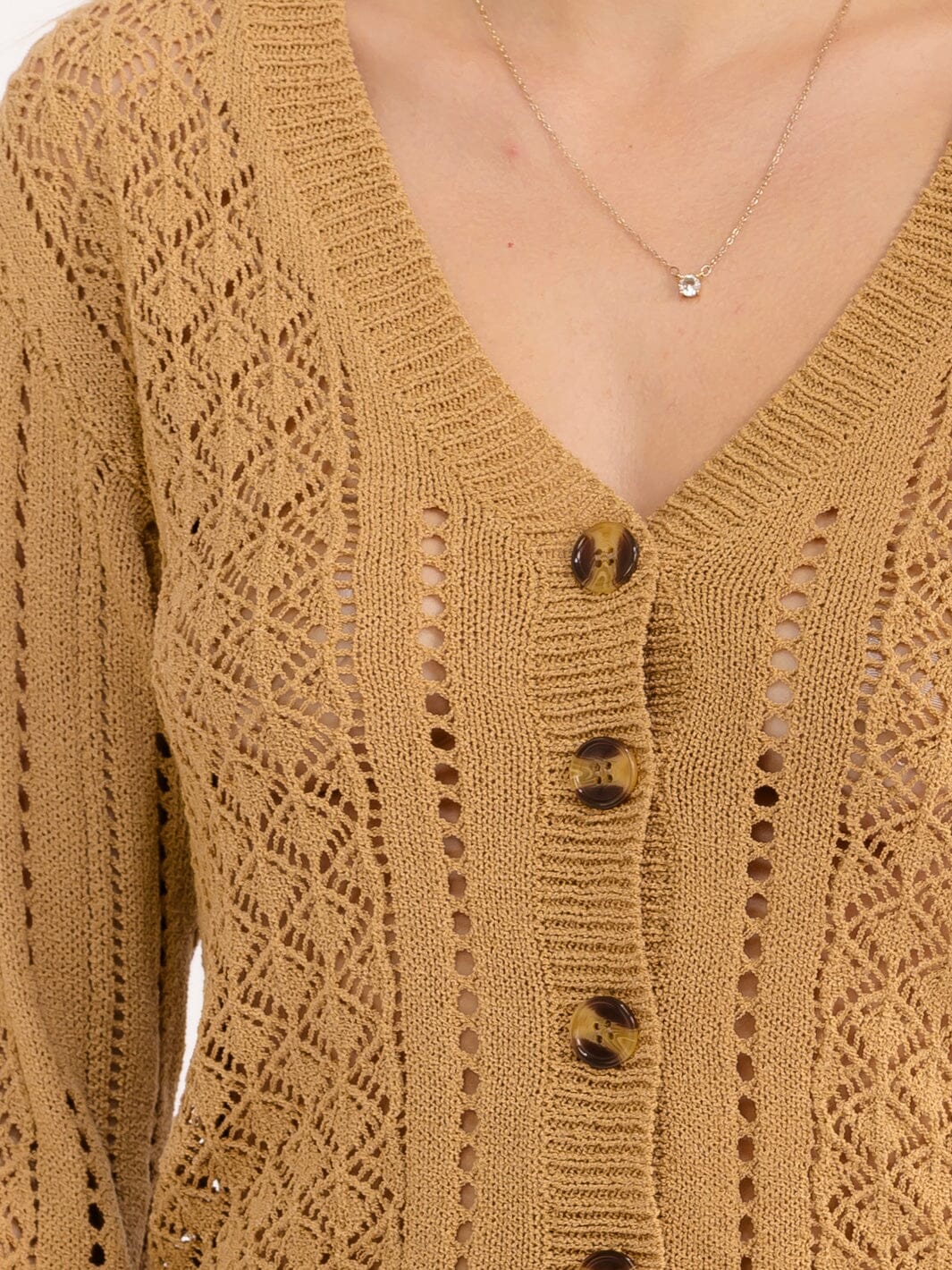 WOMEN'S LONG SLEEVE BUTTON UP V-NECK CROCHET SWEATER