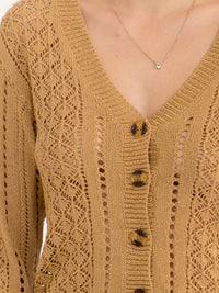 WOMEN'S LONG SLEEVE BUTTON UP V-NECK CROCHET SWEATER