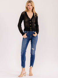 WOMEN'S LONG SLEEVE BUTTON UP V-NECK CROCHET SWEATER