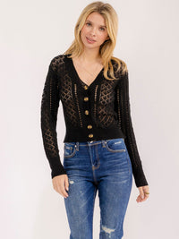 WOMEN'S LONG SLEEVE BUTTON UP V-NECK CROCHET SWEATER