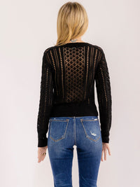WOMEN'S LONG SLEEVE BUTTON UP V-NECK CROCHET SWEATER