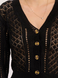 WOMEN'S LONG SLEEVE BUTTON UP V-NECK CROCHET SWEATER