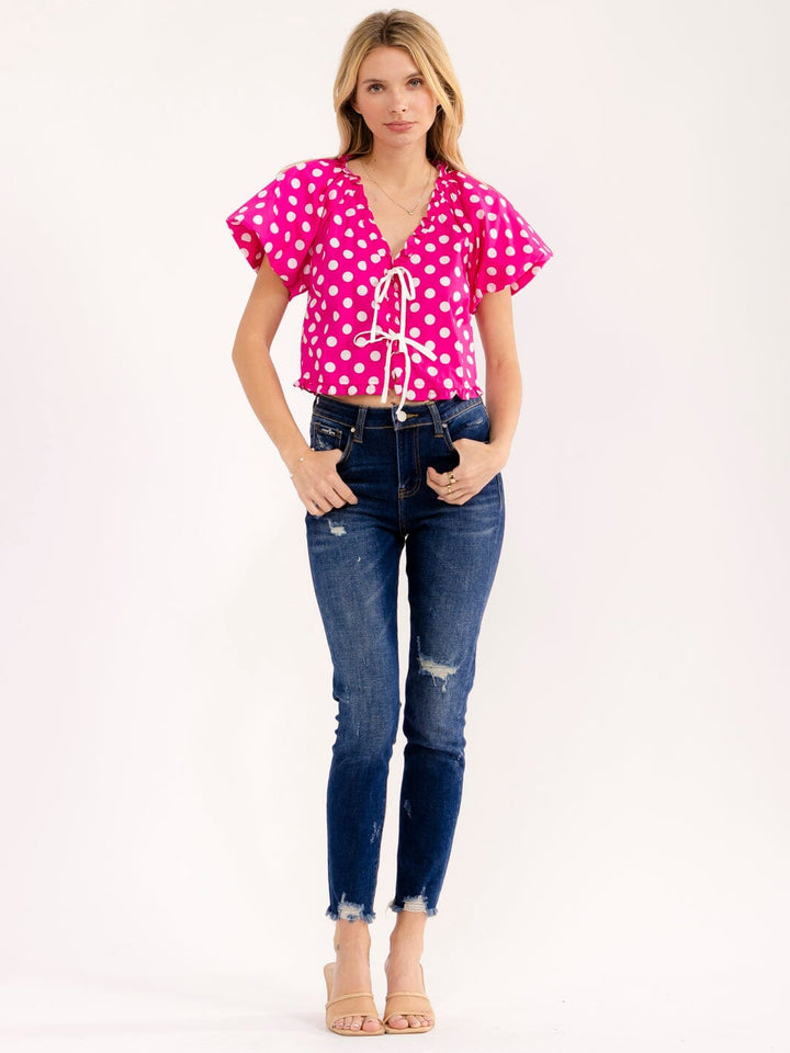 WOMEN'S SHORT PUFF SLEEVE V-NECK FRONT TIE POLKA DOTS BLOUSE