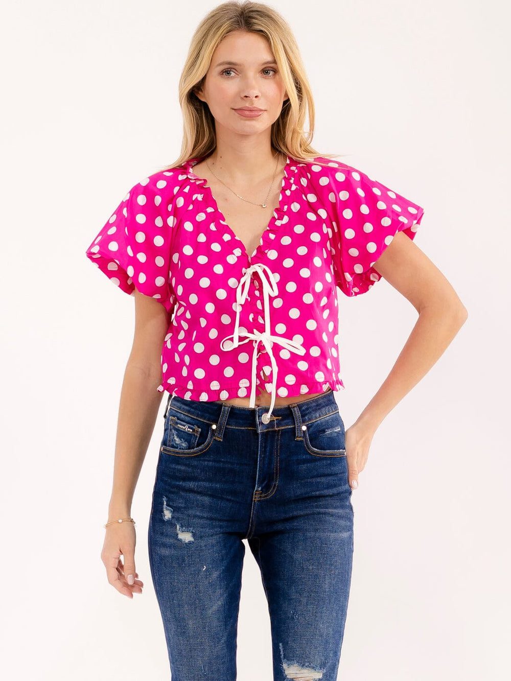WOMEN'S SHORT PUFF SLEEVE V-NECK FRONT TIE POLKA DOTS BLOUSE