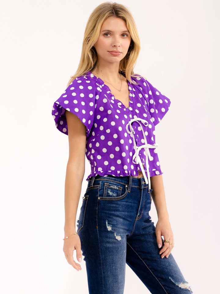 WOMEN'S SHORT PUFF SLEEVE V-NECK FRONT TIE POLKA DOTS BLOUSE