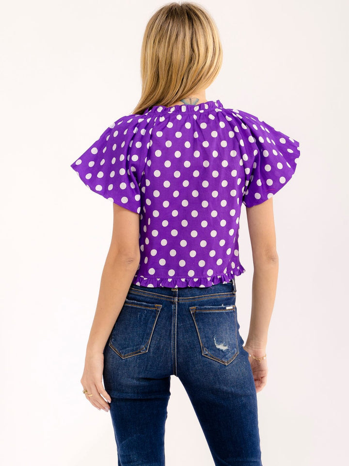 WOMEN'S SHORT PUFF SLEEVE V-NECK FRONT TIE POLKA DOTS BLOUSE