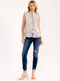 WOMEN'S SLEEVELESS FRONT TIE COLORBLOCK STRIPES TOP