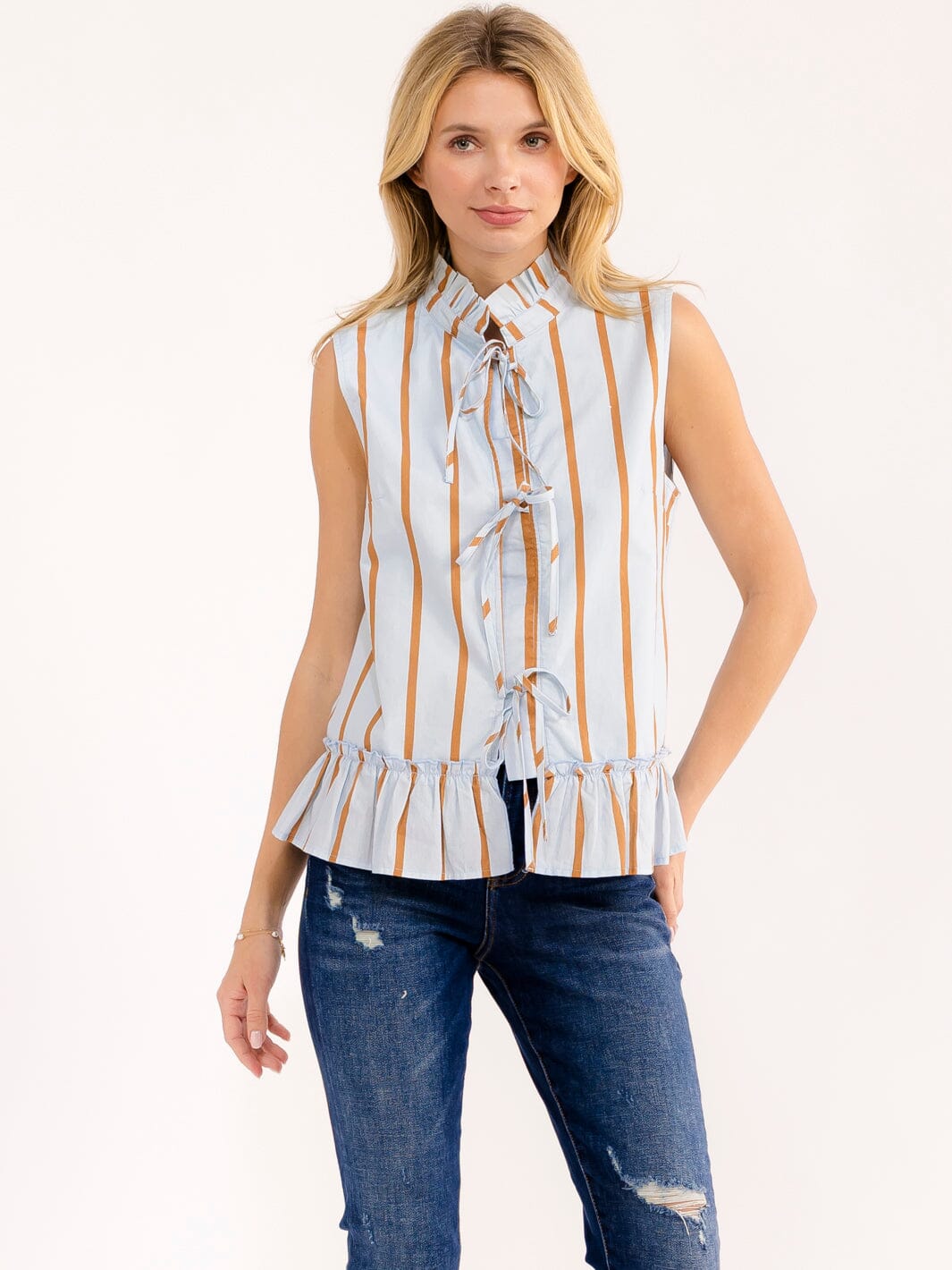 WOMEN'S SLEEVELESS FRONT TIE COLORBLOCK STRIPES TOP
