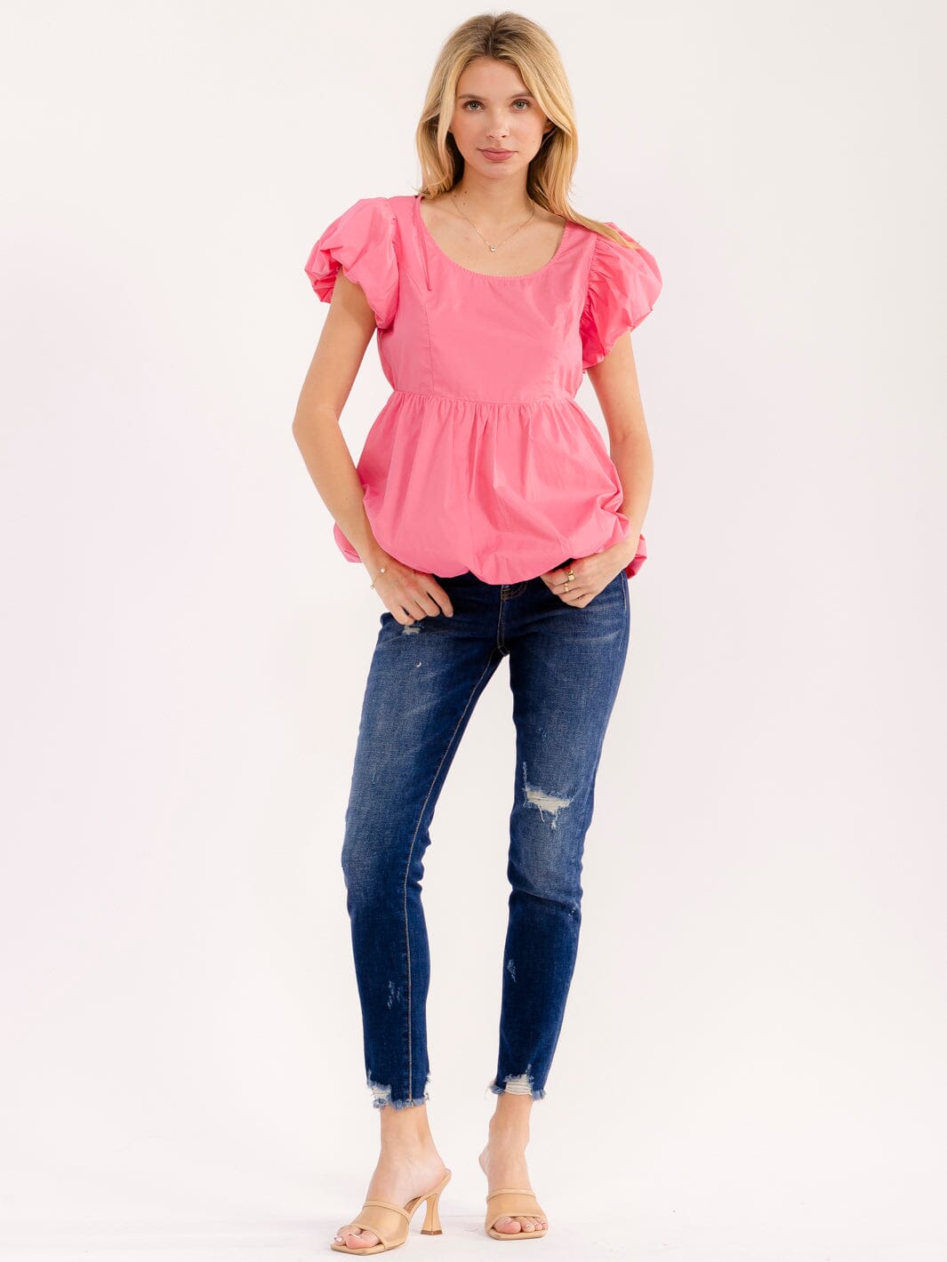 WOMEN'S SHORT PUFF SLEEVE OPEN BACK PEPLUM BLOUSE